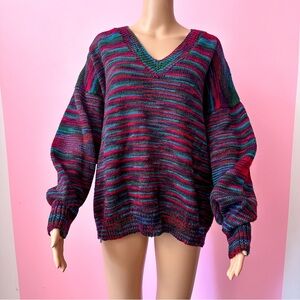 Vintage 90’s Multicolour Handmade V Neck Grunge Baggy Sweater Size XL